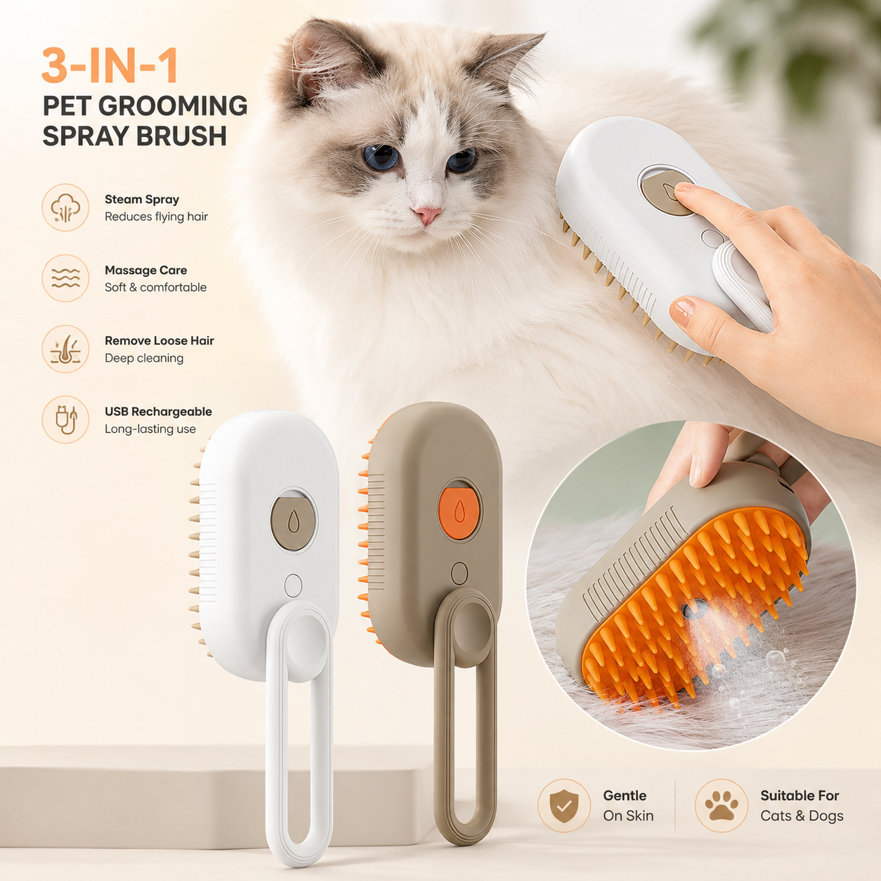 3-in-1 steam pet grooming brush for dogs & cats